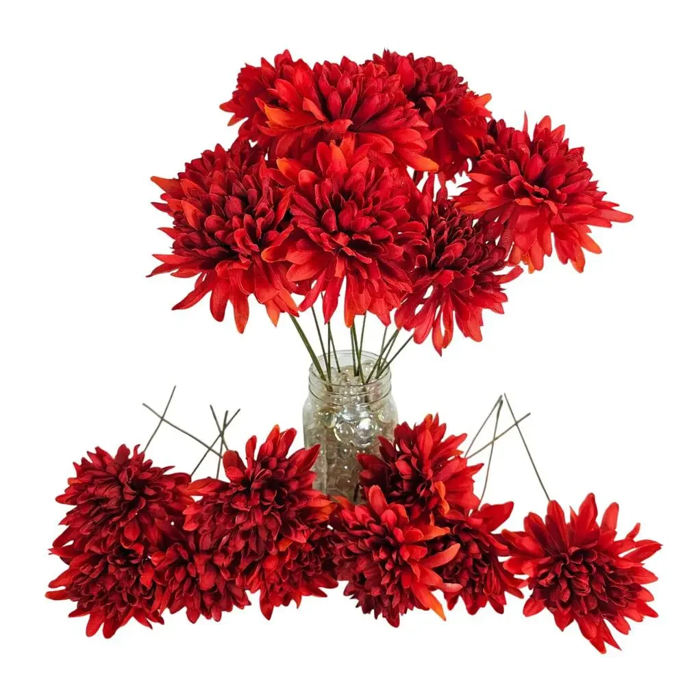 Red Artificial Chrysanthemum Mum Flowers 16 Stems Silk Floral Wedding Fall Home